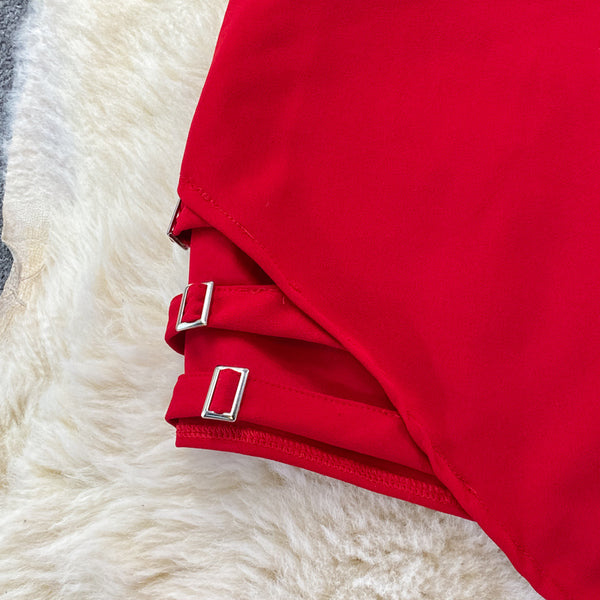 Summer Temperament Women Sleeveless Backless V Neck Spaghetti Strap Irregular Hip Buckle Design Mini Dress