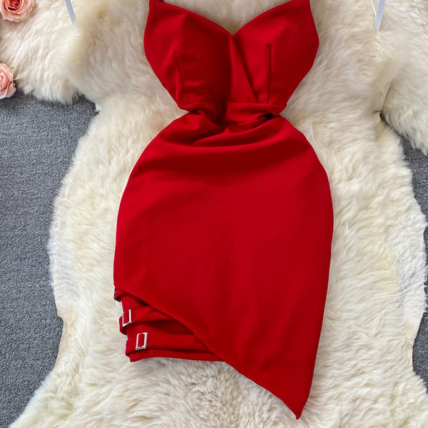 Summer Temperament Women Sleeveless Backless V Neck Spaghetti Strap Irregular Hip Buckle Design Mini Dress