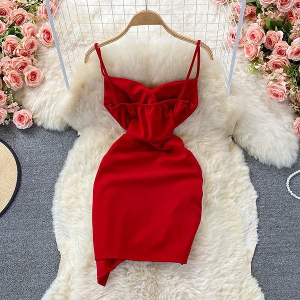 Summer Temperament Women Sleeveless Backless V Neck Spaghetti Strap Irregular Hip Buckle Design Mini Dress