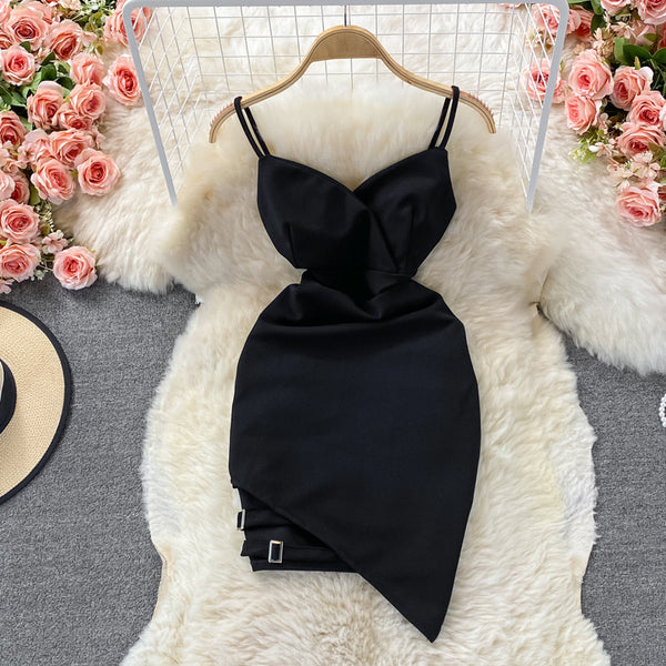 Summer Temperament Women Sleeveless Backless V Neck Spaghetti Strap Irregular Hip Buckle Design Mini Dress