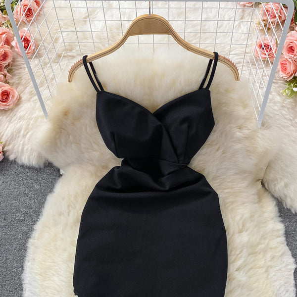 Summer Temperament Women Sleeveless Backless V Neck Spaghetti Strap Irregular Hip Buckle Design Mini Dress