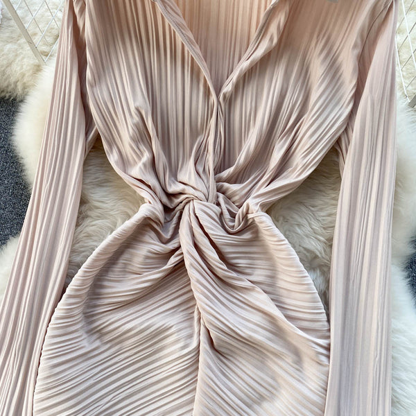 New Cozy Stylish Trendy Hot Sales Women Lapel Collar Pleated Sheath High Waist Long Sleeves Dress