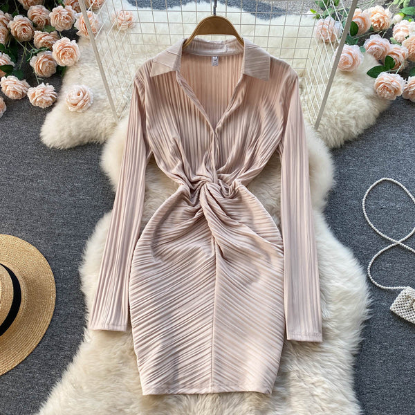 New Cozy Stylish Trendy Hot Sales Women Lapel Collar Pleated Sheath High Waist Long Sleeves Dress