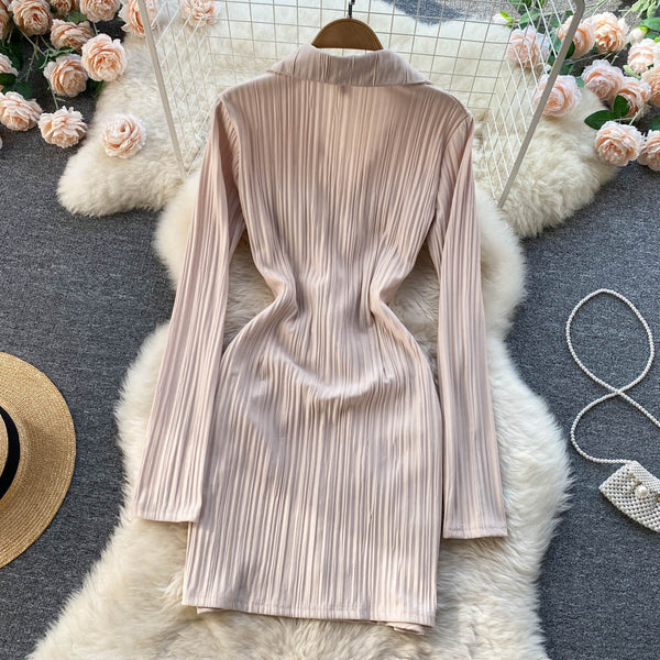 New Cozy Stylish Trendy Hot Sales Women Lapel Collar Pleated Sheath High Waist Long Sleeves Dress