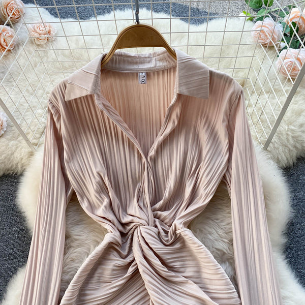 New Cozy Stylish Trendy Hot Sales Women Lapel Collar Pleated Sheath High Waist Long Sleeves Dress