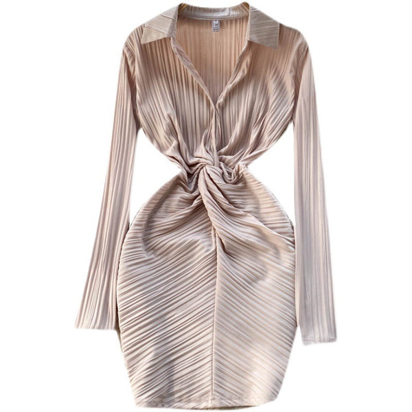 New Cozy Stylish Trendy Hot Sales Women Lapel Collar Pleated Sheath High Waist Long Sleeves Dress