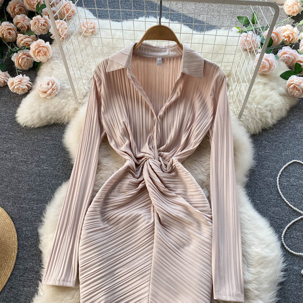 New Cozy Stylish Trendy Hot Sales Women Lapel Collar Pleated Sheath High Waist Long Sleeves Dress