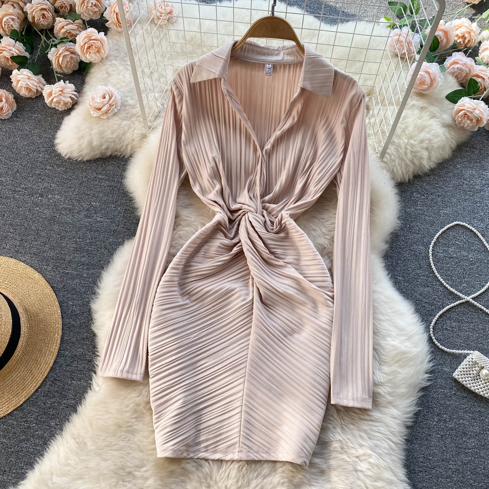 New Cozy Stylish Trendy Hot Sales Women Lapel Collar Pleated Sheath High Waist Long Sleeves Dress