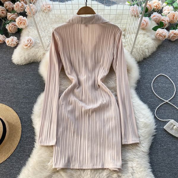 New Cozy Stylish Trendy Hot Sales Women Lapel Collar Pleated Sheath High Waist Long Sleeves Dress