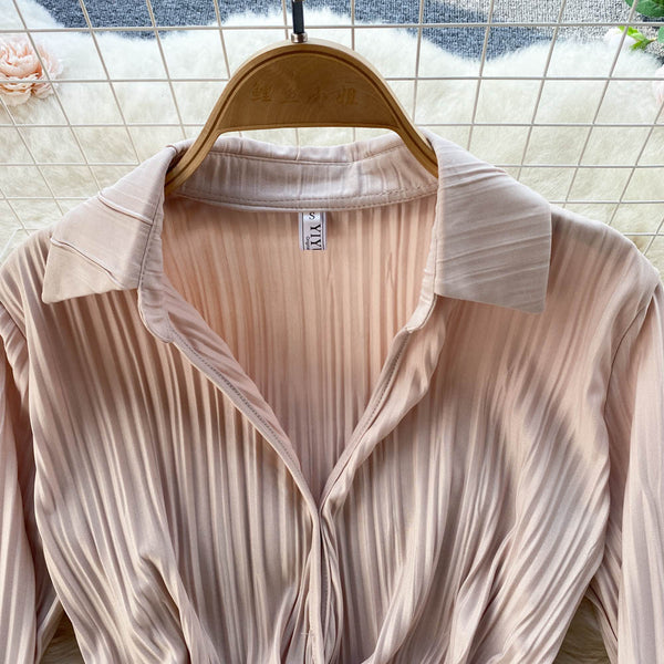 New Cozy Stylish Trendy Hot Sales Women Lapel Collar Pleated Sheath High Waist Long Sleeves Dress