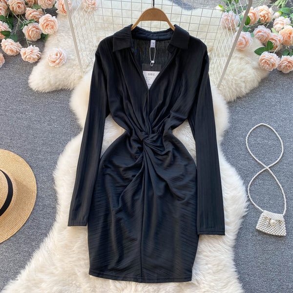 New Cozy Stylish Trendy Hot Sales Women Lapel Collar Pleated Sheath High Waist Long Sleeves Dress