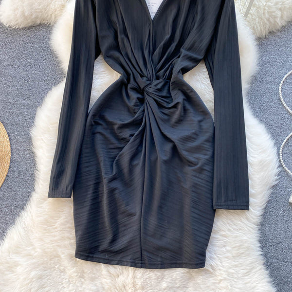 New Cozy Stylish Trendy Hot Sales Women Lapel Collar Pleated Sheath High Waist Long Sleeves Dress