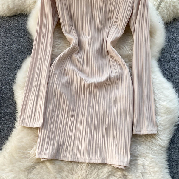 New Cozy Stylish Trendy Hot Sales Women Lapel Collar Pleated Sheath High Waist Long Sleeves Dress