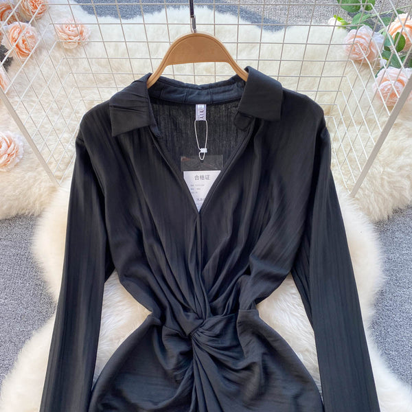 New Cozy Stylish Trendy Hot Sales Women Lapel Collar Pleated Sheath High Waist Long Sleeves Dress