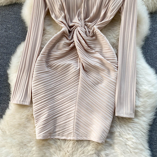 New Cozy Stylish Trendy Hot Sales Women Lapel Collar Pleated Sheath High Waist Long Sleeves Dress