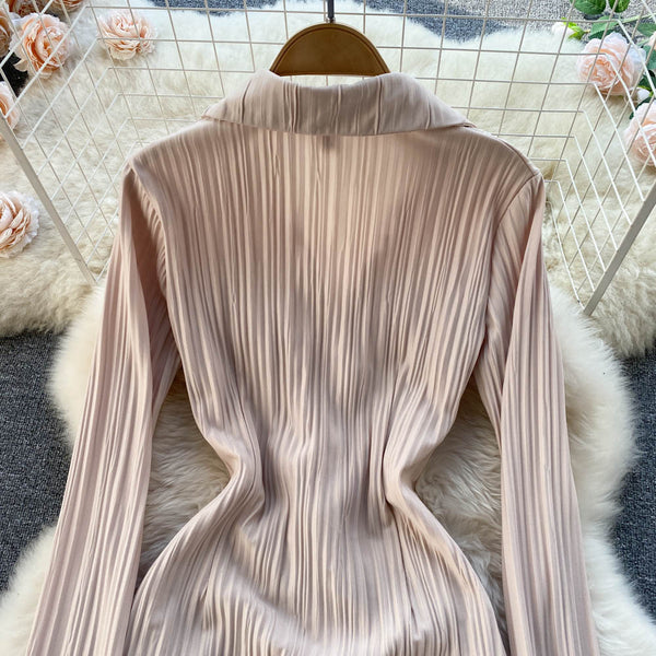 New Cozy Stylish Trendy Hot Sales Women Lapel Collar Pleated Sheath High Waist Long Sleeves Dress