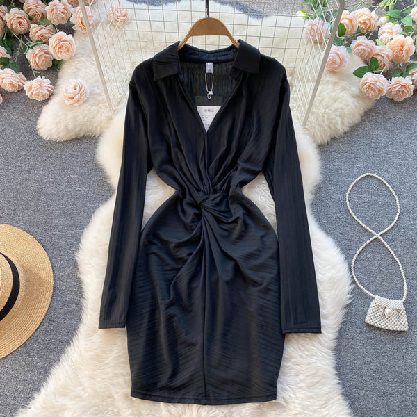 New Cozy Stylish Trendy Hot Sales Women Lapel Collar Pleated Sheath High Waist Long Sleeves Dress