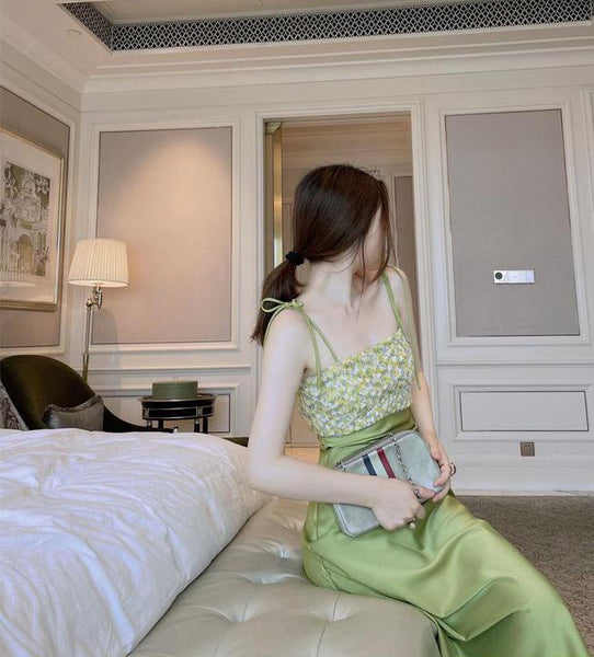 Summer Women Satin Drape Sleeveless Lace Floral Tie Dye Printed Stitching Spaghetti Shoulder Strap Dress