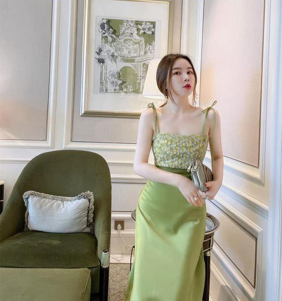 Summer Women Satin Drape Sleeveless Lace Floral Tie Dye Printed Stitching Spaghetti Shoulder Strap Dress