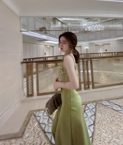 Summer Women Satin Drape Sleeveless Lace Floral Tie Dye Printed Stitching Spaghetti Shoulder Strap Dress