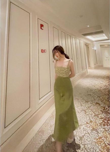 Summer Women Satin Drape Sleeveless Lace Floral Tie Dye Printed Stitching Spaghetti Shoulder Strap Dress