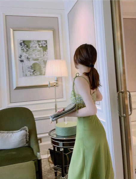 Summer Women Satin Drape Sleeveless Lace Floral Tie Dye Printed Stitching Spaghetti Shoulder Strap Dress