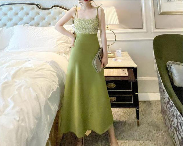 Summer Women Satin Drape Sleeveless Lace Floral Tie Dye Printed Stitching Spaghetti Shoulder Strap Dress