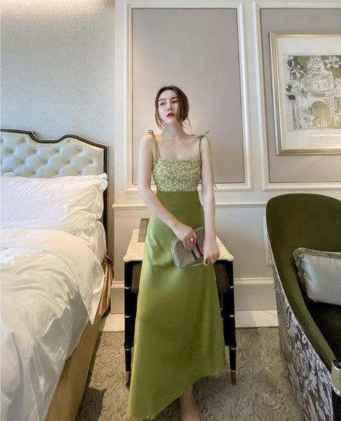 Summer Women Satin Drape Sleeveless Lace Floral Tie Dye Printed Stitching Spaghetti Shoulder Strap Dress