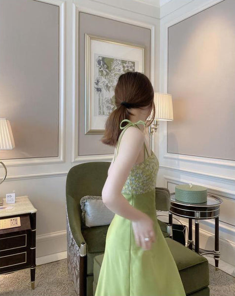 Summer Women Satin Drape Sleeveless Lace Floral Tie Dye Printed Stitching Spaghetti Shoulder Strap Dress