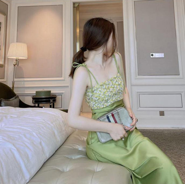 Summer Women Satin Drape Sleeveless Lace Floral Tie Dye Printed Stitching Spaghetti Shoulder Strap Dress