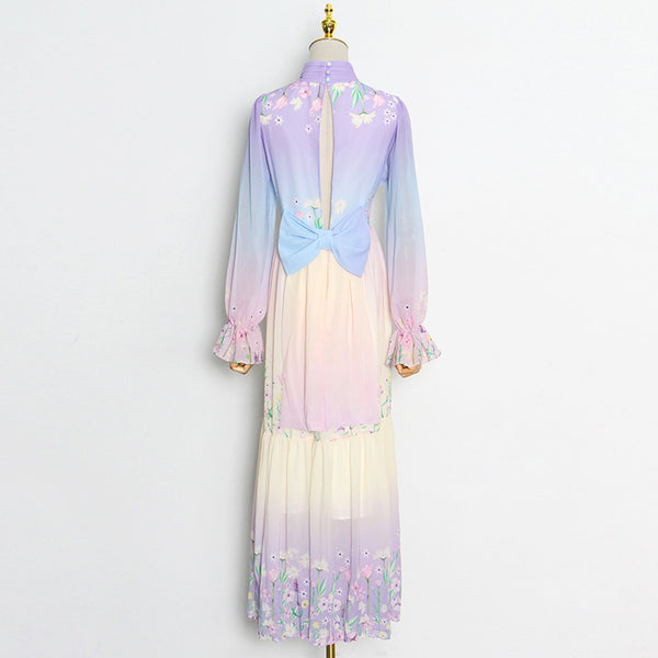 Gorgeous Charm Summer Women Gradient Color Colorful Long Half Turtleneck Chiffon Floral Printed Stitching Large Maxi Dress