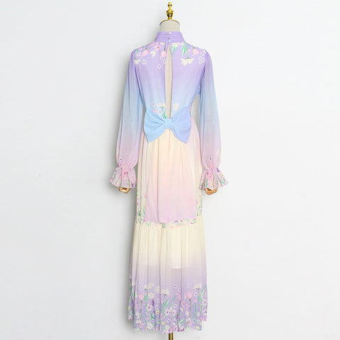 Gorgeous Charm Summer Women Gradient Color Colorful Long Half Turtleneck Chiffon Floral Printed Stitching Large Maxi Dress