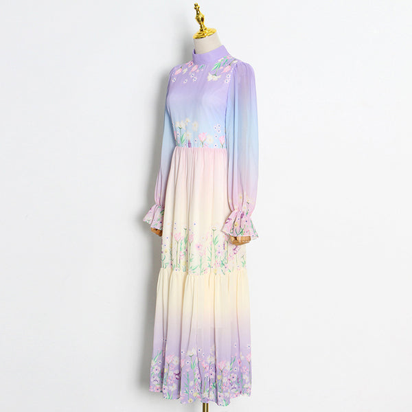 Gorgeous Charm Summer Women Gradient Color Colorful Long Half Turtleneck Chiffon Floral Printed Stitching Large Maxi Dress