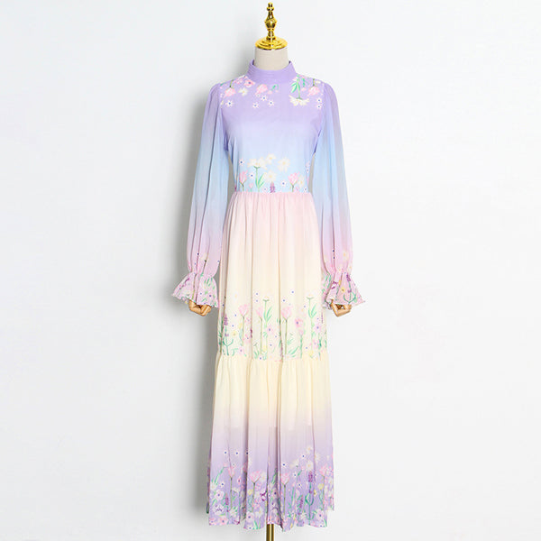 Gorgeous Charm Summer Women Gradient Color Colorful Long Half Turtleneck Chiffon Floral Printed Stitching Large Maxi Dress