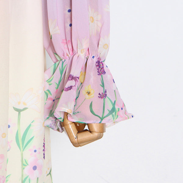 Gorgeous Charm Summer Women Gradient Color Colorful Long Half Turtleneck Chiffon Floral Printed Stitching Large Maxi Dress