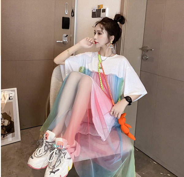 Summer Beautiful Sweet Women Long Loose Fit Rainbow Color Mesh Stitching Short Sleeved Round Neck T-Shirt Dress