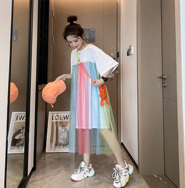 Summer Beautiful Sweet Women Long Loose Fit Rainbow Color Mesh Stitching Short Sleeved Round Neck T-Shirt Dress