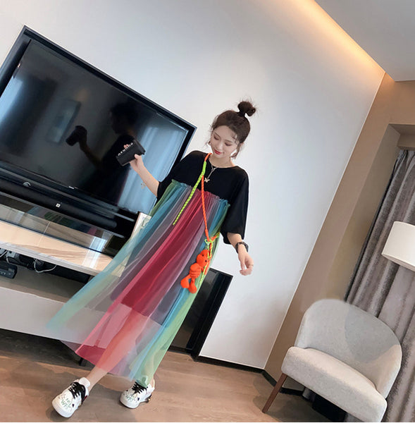Summer Beautiful Sweet Women Long Loose Fit Rainbow Color Mesh Stitching Short Sleeved Round Neck T-Shirt Dress