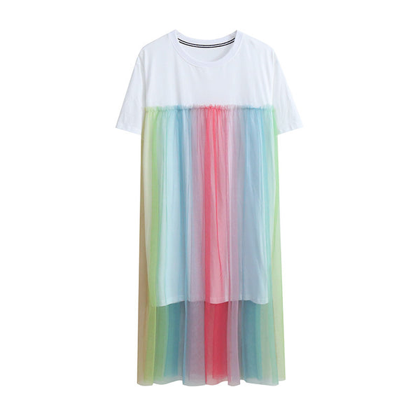 Summer Beautiful Sweet Women Long Loose Fit Rainbow Color Mesh Stitching Short Sleeved Round Neck T-Shirt Dress