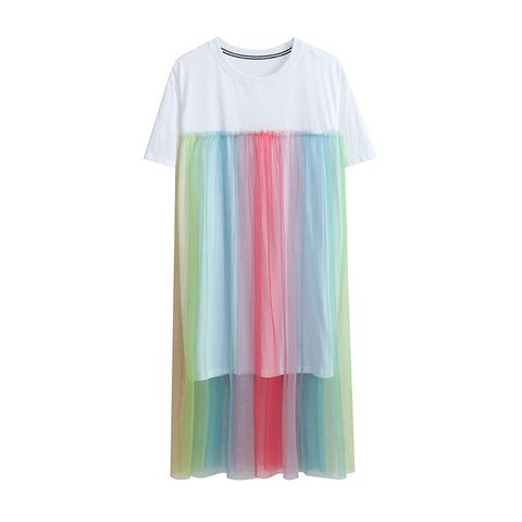 Summer Beautiful Sweet Women Long Loose Fit Rainbow Color Mesh Stitching Short Sleeved Round Neck T-Shirt Dress