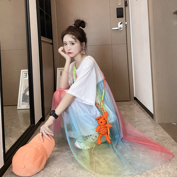 Summer Beautiful Sweet Women Long Loose Fit Rainbow Color Mesh Stitching Short Sleeved Round Neck T-Shirt Dress