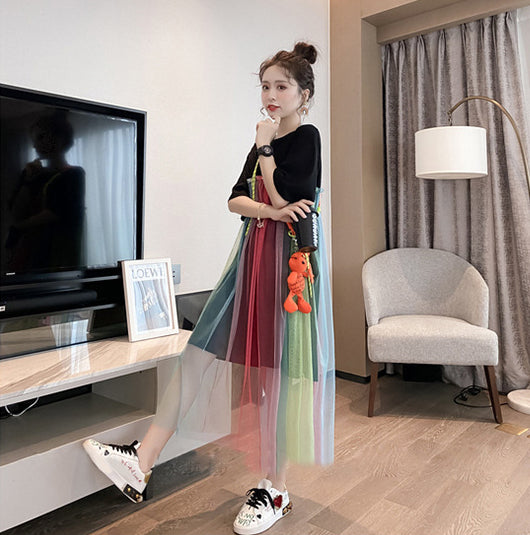 Summer Beautiful Sweet Women Long Loose Fit Rainbow Color Mesh Stitching Short Sleeved Round Neck T-Shirt Dress