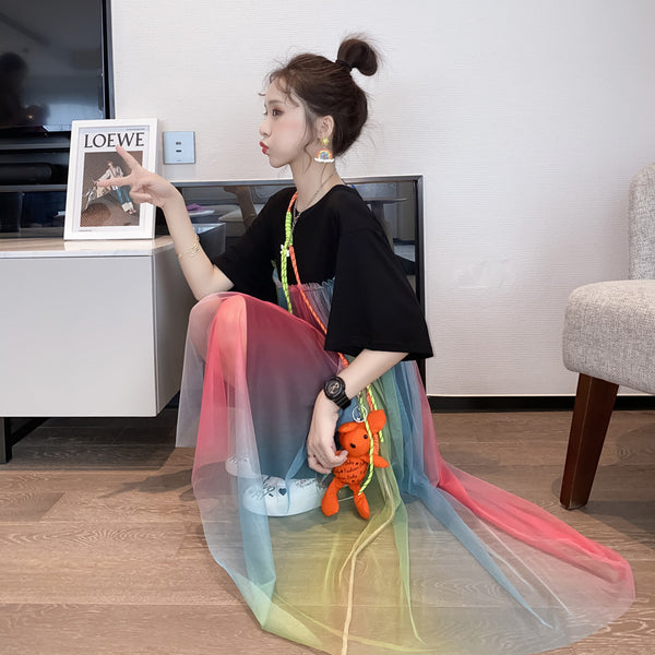Summer Beautiful Sweet Women Long Loose Fit Rainbow Color Mesh Stitching Short Sleeved Round Neck T-Shirt Dress