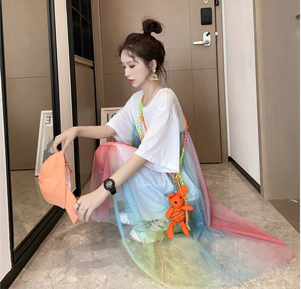 Summer Beautiful Sweet Women Long Loose Fit Rainbow Color Mesh Stitching Short Sleeved Round Neck T-Shirt Dress