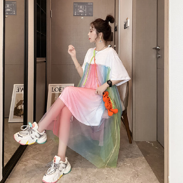Summer Beautiful Sweet Women Long Loose Fit Rainbow Color Mesh Stitching Short Sleeved Round Neck T-Shirt Dress