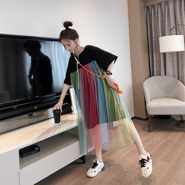 Summer Beautiful Sweet Women Long Loose Fit Rainbow Color Mesh Stitching Short Sleeved Round Neck T-Shirt Dress