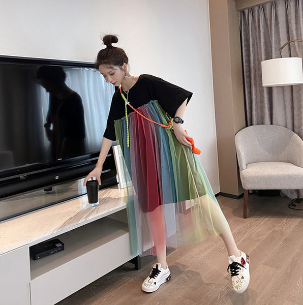 Summer Beautiful Sweet Women Long Loose Fit Rainbow Color Mesh Stitching Short Sleeved Round Neck T-Shirt Dress