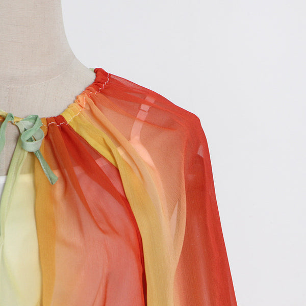 Summer Elegant Women Colorful Rainbow Round Neck Chiffon Lantern Sleeves High Waist Big Swing Long Dress