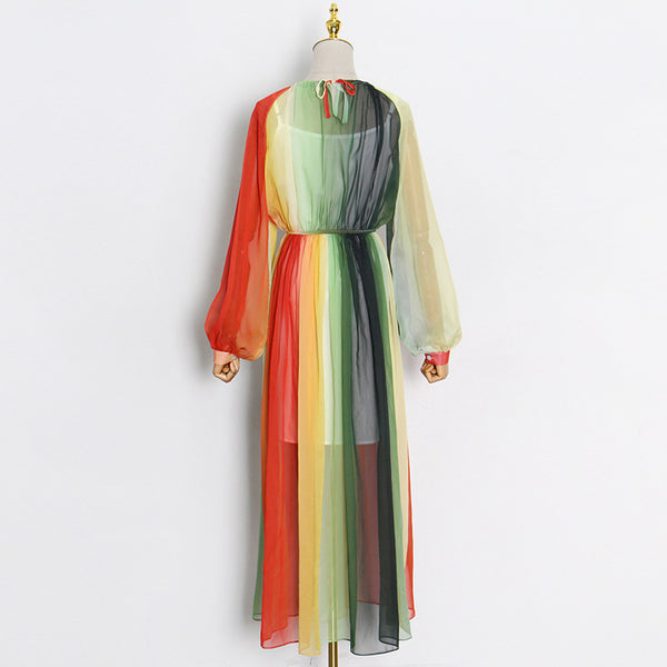 Summer Elegant Women Colorful Rainbow Round Neck Chiffon Lantern Sleeves High Waist Big Swing Long Dress