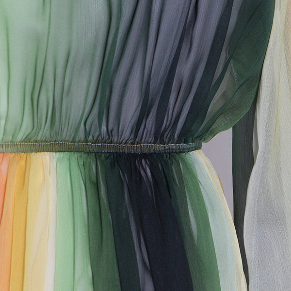 Summer Elegant Women Colorful Rainbow Round Neck Chiffon Lantern Sleeves High Waist Big Swing Long Dress